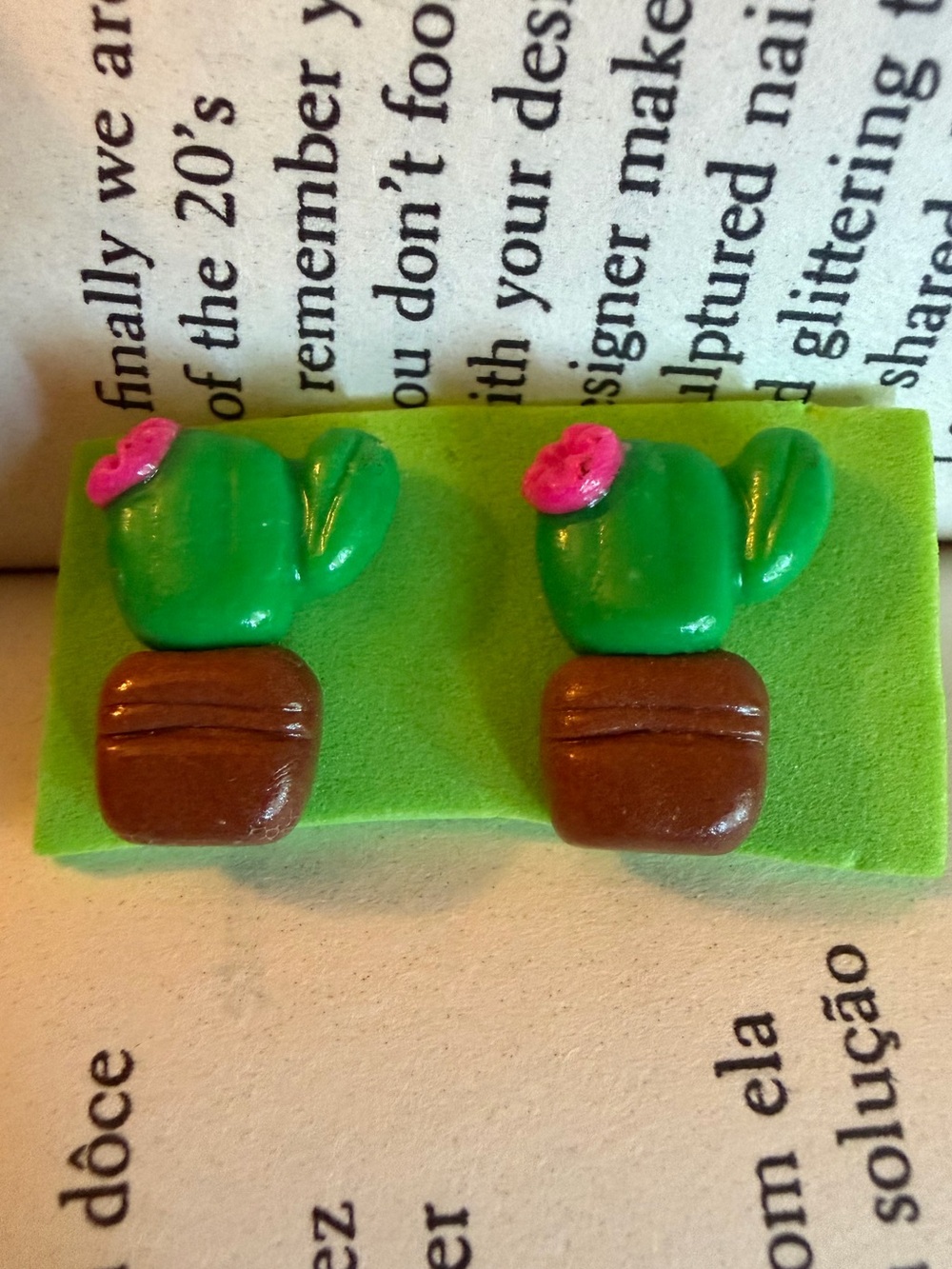 Green Cactus Pot Stud Earrings with Pink Flower Accent